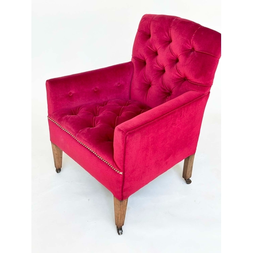 99 - ARMCHAIR, Edwardian raspberry red velvet upholstered with buttoned back and seat and square tapering... 