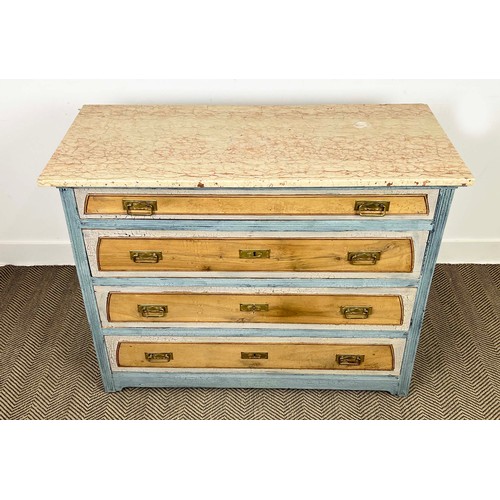 182 - CHEST, 19th century German walnut and painted with four drawers, secessionist brass handles and marb... 