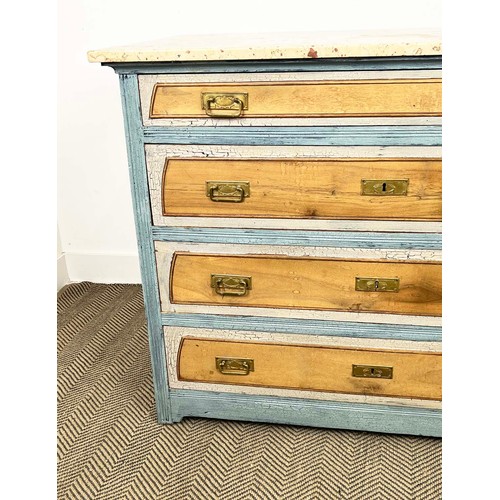 182 - CHEST, 19th century German walnut and painted with four drawers, secessionist brass handles and marb... 