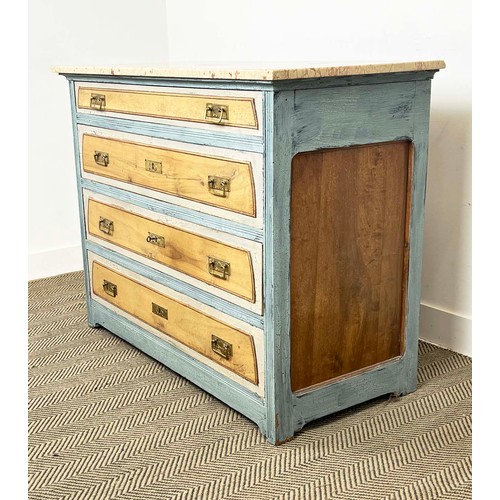 182 - CHEST, 19th century German walnut and painted with four drawers, secessionist brass handles and marb... 