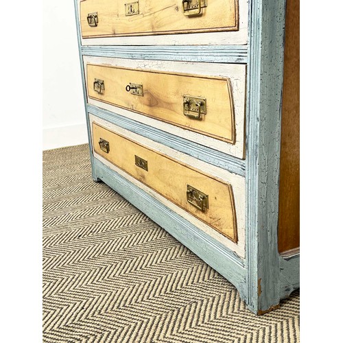 182 - CHEST, 19th century German walnut and painted with four drawers, secessionist brass handles and marb... 