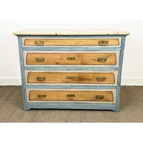 182 - CHEST, 19th century German walnut and painted with four drawers, secessionist brass handles and marb... 