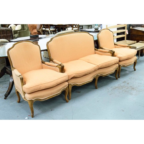 149 - CANAPE, Louis XV style beechwood in peach fabric, 98cm H x 133cm and a pair of matching bergeres, 95... 