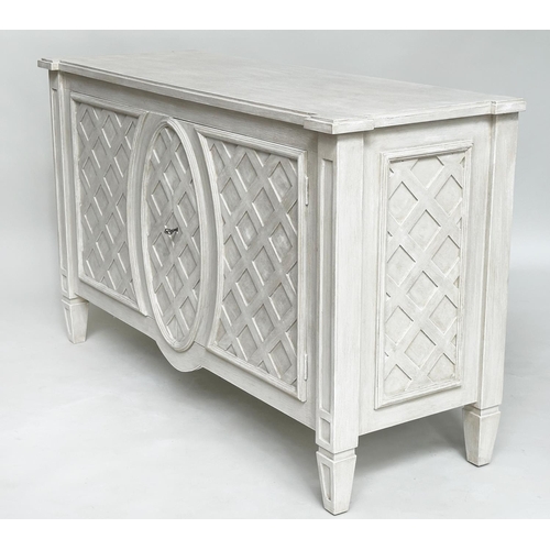 104 - SIDE CABINET, Italian 18th century style traditionally grey painted with two lattice-panelled doors ... 