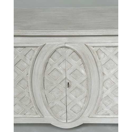 104 - SIDE CABINET, Italian 18th century style traditionally grey painted with two lattice-panelled doors ... 