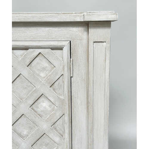 104 - SIDE CABINET, Italian 18th century style traditionally grey painted with two lattice-panelled doors ... 