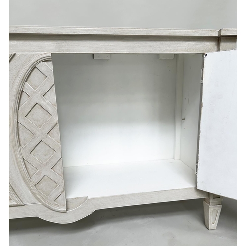 104 - SIDE CABINET, Italian 18th century style traditionally grey painted with two lattice-panelled doors ... 