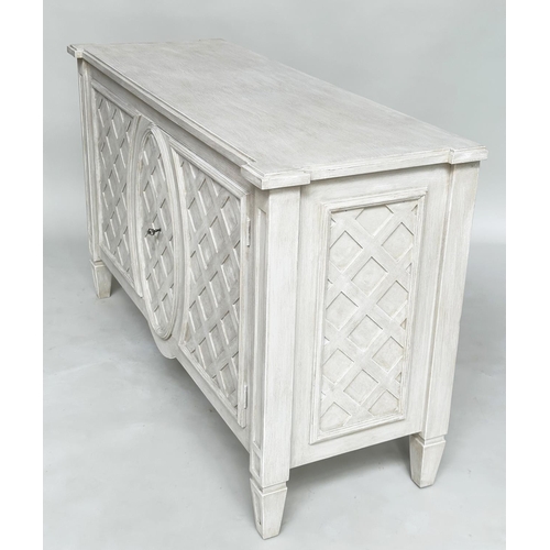 104 - SIDE CABINET, Italian 18th century style traditionally grey painted with two lattice-panelled doors ... 