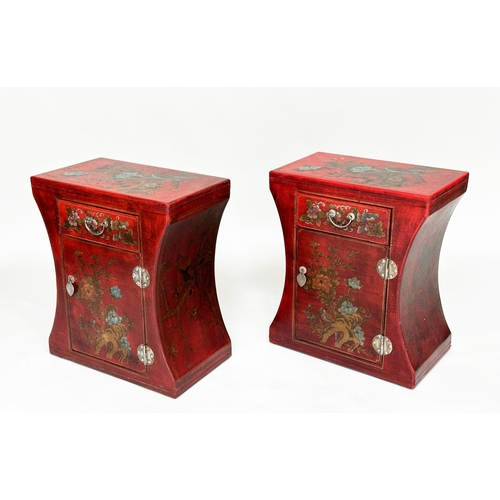 107 - CHINESE SIDE TABLES, a pair, scarlet lacquered and gilt Chinoiserie decorated each with drawer and c... 