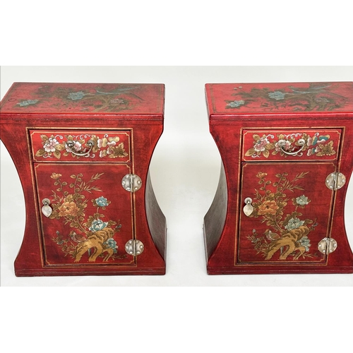 107 - CHINESE SIDE TABLES, a pair, scarlet lacquered and gilt Chinoiserie decorated each with drawer and c... 