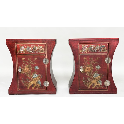 107 - CHINESE SIDE TABLES, a pair, scarlet lacquered and gilt Chinoiserie decorated each with drawer and c... 