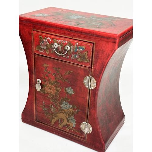 107 - CHINESE SIDE TABLES, a pair, scarlet lacquered and gilt Chinoiserie decorated each with drawer and c... 