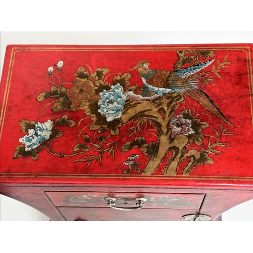 107 - CHINESE SIDE TABLES, a pair, scarlet lacquered and gilt Chinoiserie decorated each with drawer and c... 