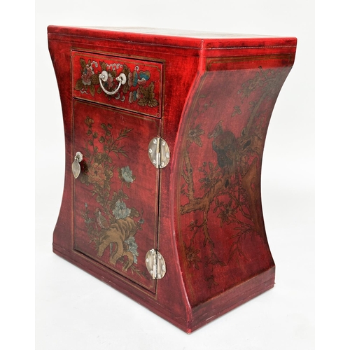 107 - CHINESE SIDE TABLES, a pair, scarlet lacquered and gilt Chinoiserie decorated each with drawer and c... 