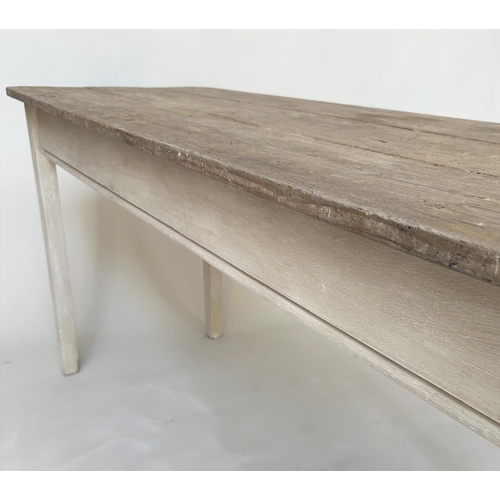 109 - KITCHEN TABLE, 19th century French rectangular planked pine on grey painted base with square taperin... 