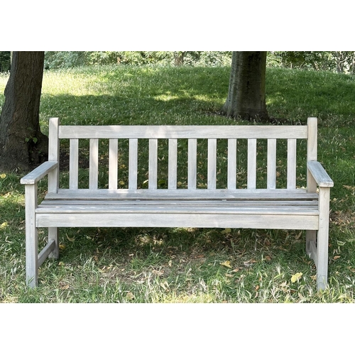 120 - GARDEN BENCH, well weathered teak, slatted and dowelled construction, 122cm W.