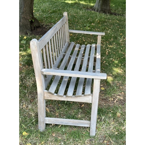 120 - GARDEN BENCH, well weathered teak, slatted and dowelled construction, 122cm W.