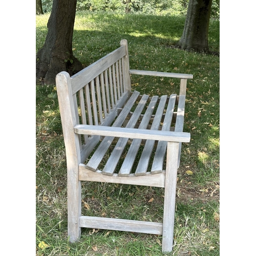 120 - GARDEN BENCH, well weathered teak, slatted and dowelled construction, 122cm W.