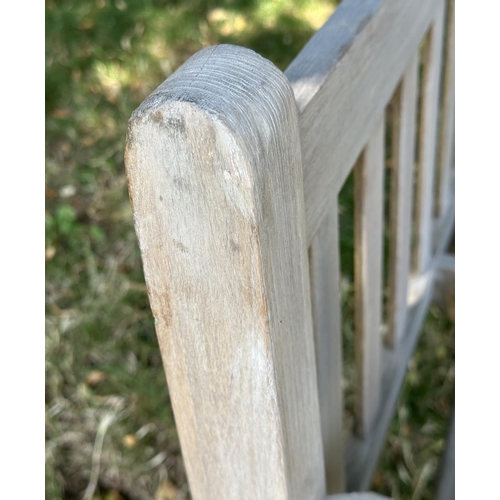 120 - GARDEN BENCH, well weathered teak, slatted and dowelled construction, 122cm W.