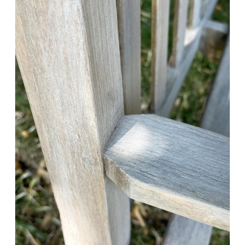 120 - GARDEN BENCH, well weathered teak, slatted and dowelled construction, 122cm W.