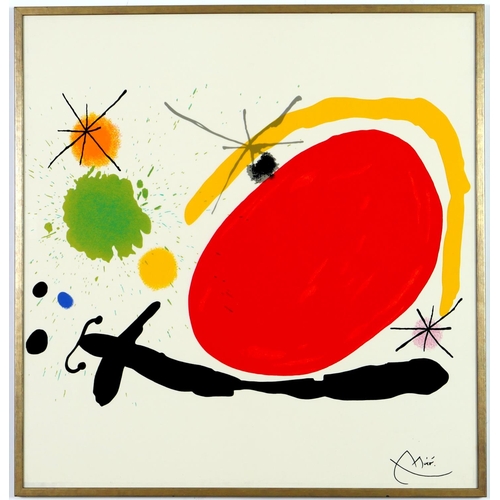 43 - AFTER JOAN MIRO, large red sun on silk, signed in the plate, 85cm x 81cm.