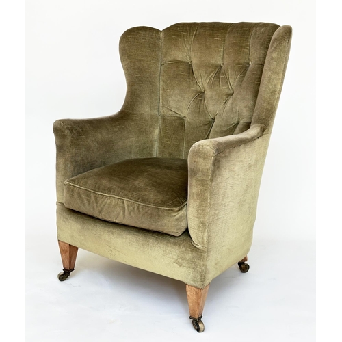 83 - WING ARMCHAIR, Edwardian moss green velvet upholstered with button back and square tapering supports... 