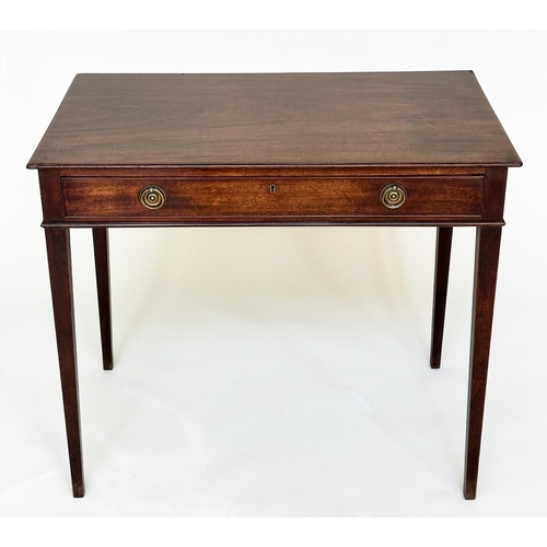 84 - WRITING TABLE, George III period mahogany, with full width frieze drawer and inner chamfered square ... 