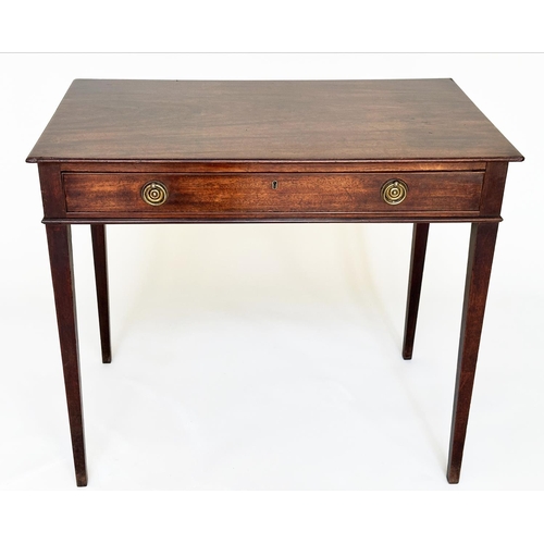 84 - WRITING TABLE, George III period mahogany, with full width frieze drawer and inner chamfered square ... 