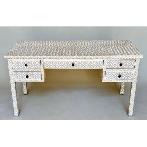 88 - WRITING TABLE, Moorish design bone inlay with all over star decoration, five drawers and square tape... 