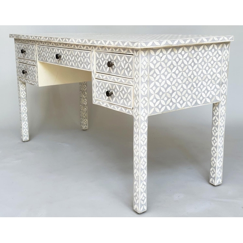 88 - WRITING TABLE, Moorish design bone inlay with all over star decoration, five drawers and square tape... 