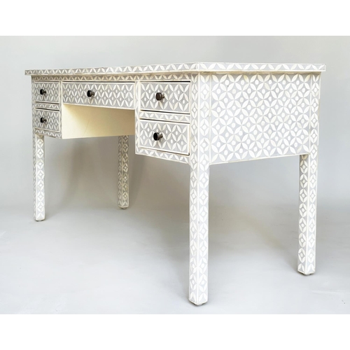 88 - WRITING TABLE, Moorish design bone inlay with all over star decoration, five drawers and square tape... 