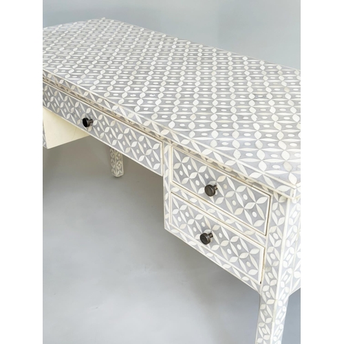 88 - WRITING TABLE, Moorish design bone inlay with all over star decoration, five drawers and square tape... 