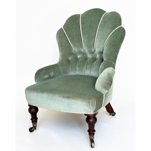 90 - ARMCHAIR, late 19th century walnut with piped moss green deep buttoned upholstered with 'cloud' back... 