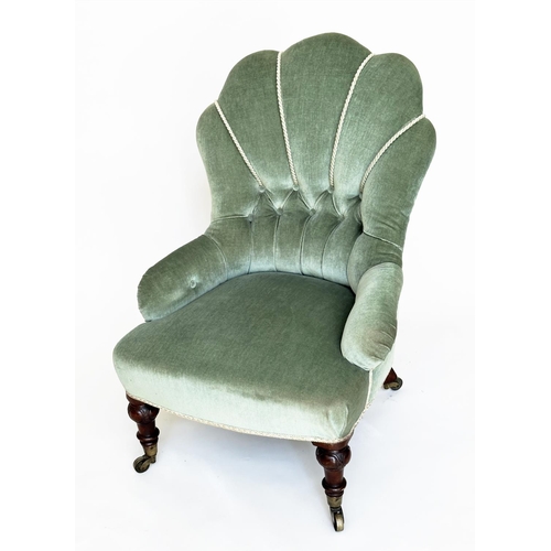 90 - ARMCHAIR, late 19th century walnut with piped moss green deep buttoned upholstered with 'cloud' back... 