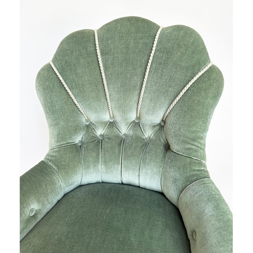 90 - ARMCHAIR, late 19th century walnut with piped moss green deep buttoned upholstered with 'cloud' back... 