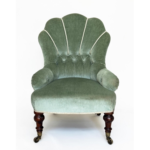 90 - ARMCHAIR, late 19th century walnut with piped moss green deep buttoned upholstered with 'cloud' back... 