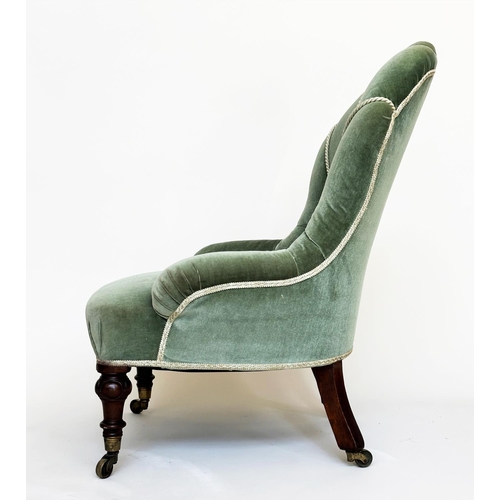 90 - ARMCHAIR, late 19th century walnut with piped moss green deep buttoned upholstered with 'cloud' back... 