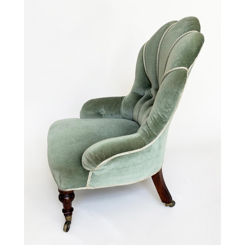 90 - ARMCHAIR, late 19th century walnut with piped moss green deep buttoned upholstered with 'cloud' back... 