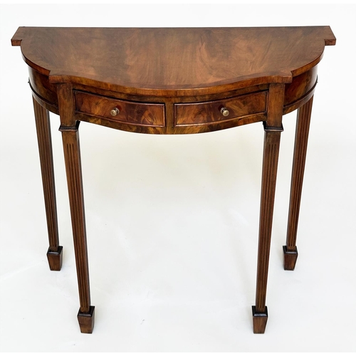 91 - HALL TABLE, George III style flame mahogany for serpentine outline with two frieze drawers and taper... 