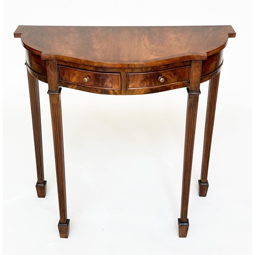 91 - HALL TABLE, George III style flame mahogany for serpentine outline with two frieze drawers and taper... 