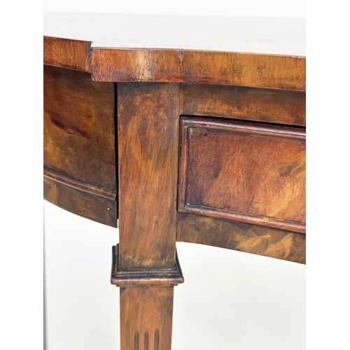 91 - HALL TABLE, George III style flame mahogany for serpentine outline with two frieze drawers and taper... 