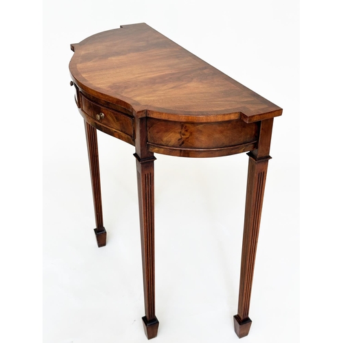 91 - HALL TABLE, George III style flame mahogany for serpentine outline with two frieze drawers and taper... 