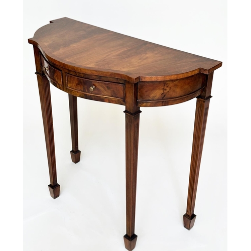 91 - HALL TABLE, George III style flame mahogany for serpentine outline with two frieze drawers and taper... 