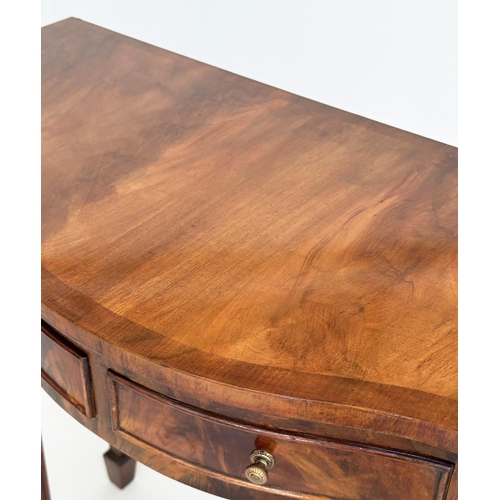 91 - HALL TABLE, George III style flame mahogany for serpentine outline with two frieze drawers and taper... 