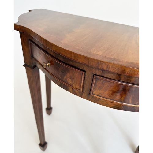 91 - HALL TABLE, George III style flame mahogany for serpentine outline with two frieze drawers and taper... 