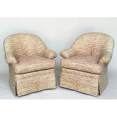 94 - ARMCHAIRS BY LEE JOFA, a pair, tub form with rounded back and scroll arms, in printed linen union. 8... 