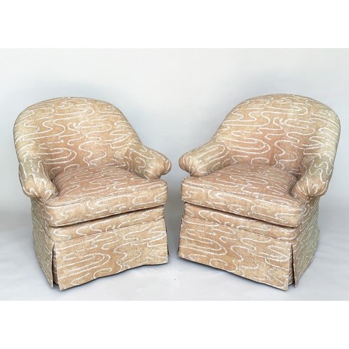 94 - ARMCHAIRS BY LEE JOFA, a pair, tub form with rounded back and scroll arms, in printed linen union. 8... 