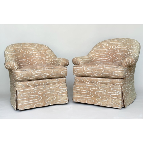 94 - ARMCHAIRS BY LEE JOFA, a pair, tub form with rounded back and scroll arms, in printed linen union. 8... 