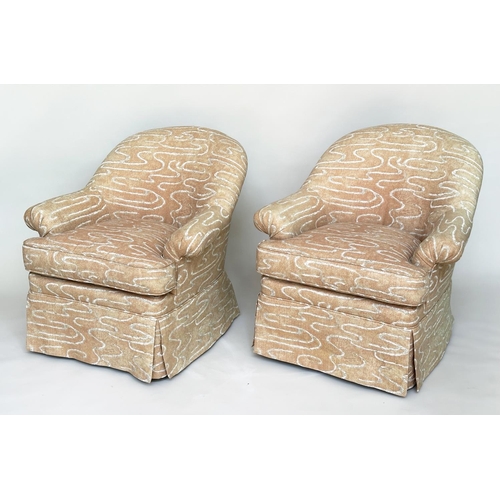 94 - ARMCHAIRS BY LEE JOFA, a pair, tub form with rounded back and scroll arms, in printed linen union. 8... 