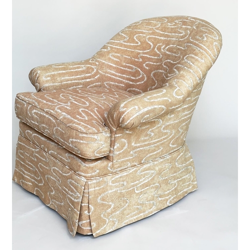 94 - ARMCHAIRS BY LEE JOFA, a pair, tub form with rounded back and scroll arms, in printed linen union. 8... 